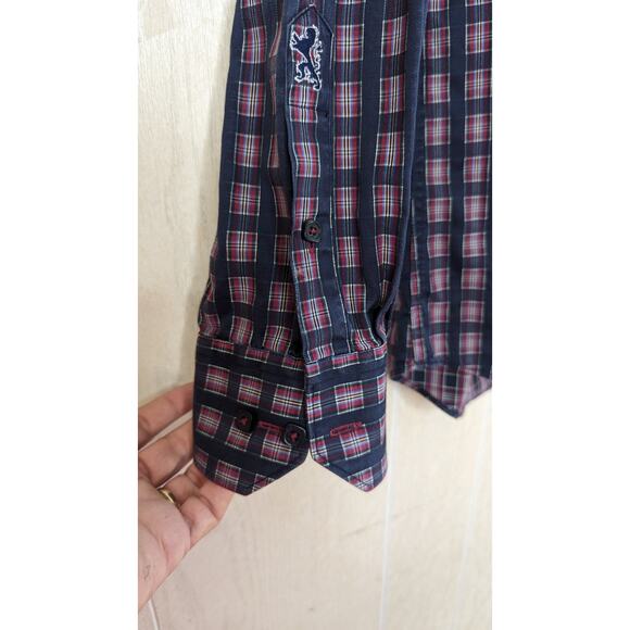 Bugatchi men shaped fit plaid navy button up dress shirt long sleeve Medium - Picture 5 of 9